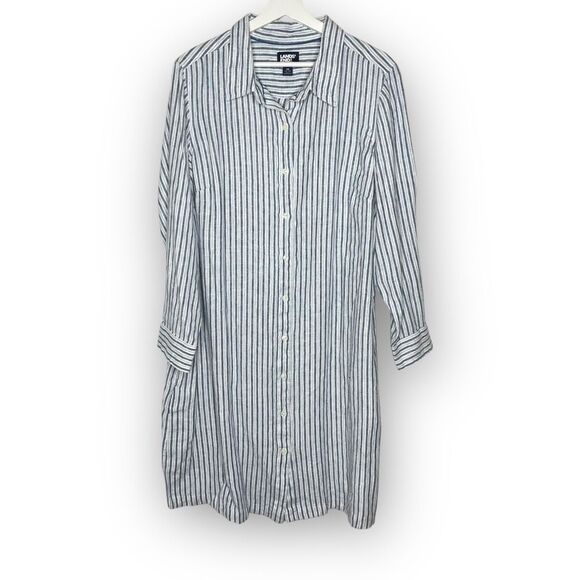 Lands’ End Shirt Dress Blue White Stripe Button Up Collared 100% Linen Womens 1X - Picture 1 of 10